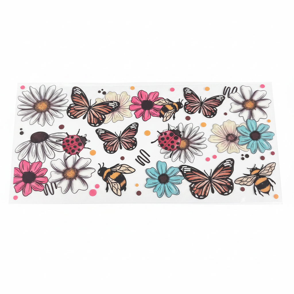 Bright Floral Bees & Butterflies UVDTF Wrap - White Background
