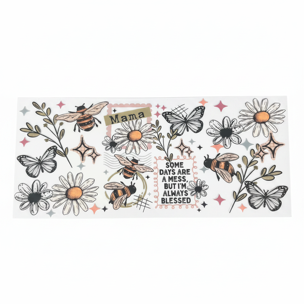 Flowers & Bee Momma is Blessed UVDTF Wrap - White Background