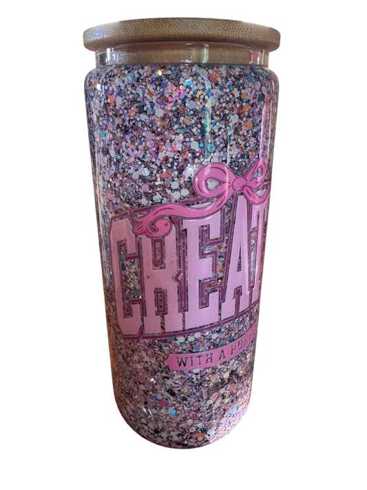 20oz Pre-Made Glass w/ Handle Tumbler - Pink Glitter CREATED